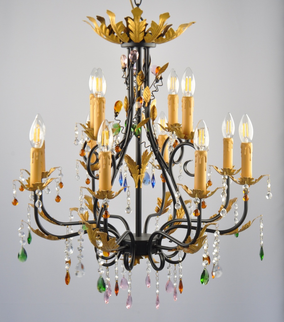 Glass Color Crystal Chandelier 24K Black Steel Finish